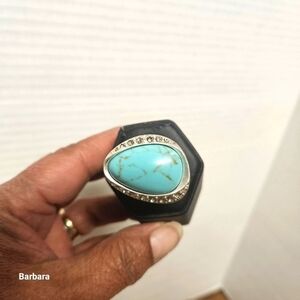 Sarah Coventry "River Rock" Turquoise and Rhinestone Statement Ring, Size 8.5